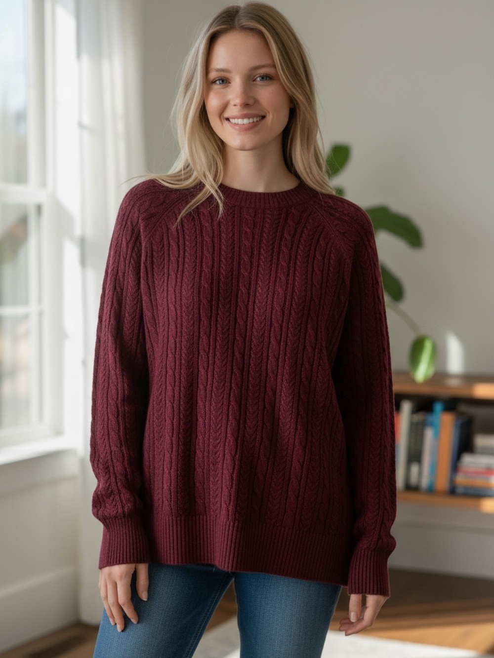 Bleu Gray // Cable-Knit Crewneck Sweater // Red-Burgundy